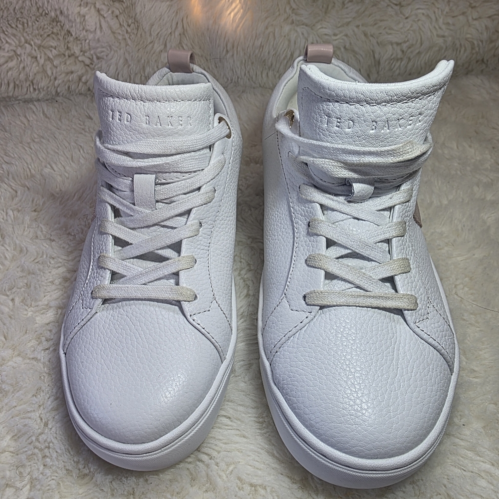 Ted Baker Bailly White Leather Pink Webbing Stripe Sneakers Womens 7 Like New - Picture 3 of 7